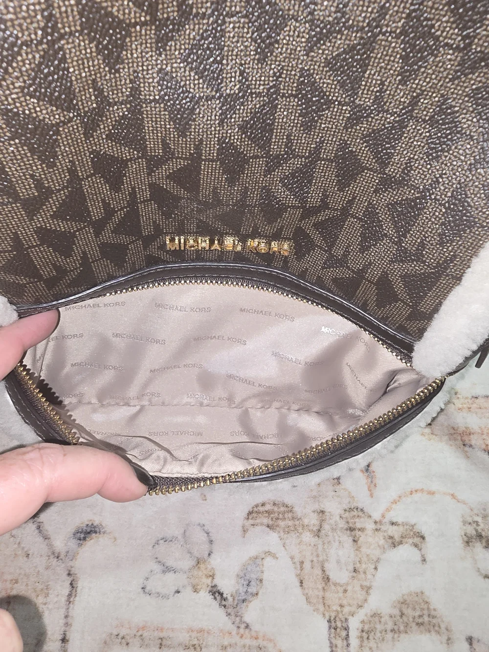 Michael Kors Rhea Signature Shearling-Trim Backpack